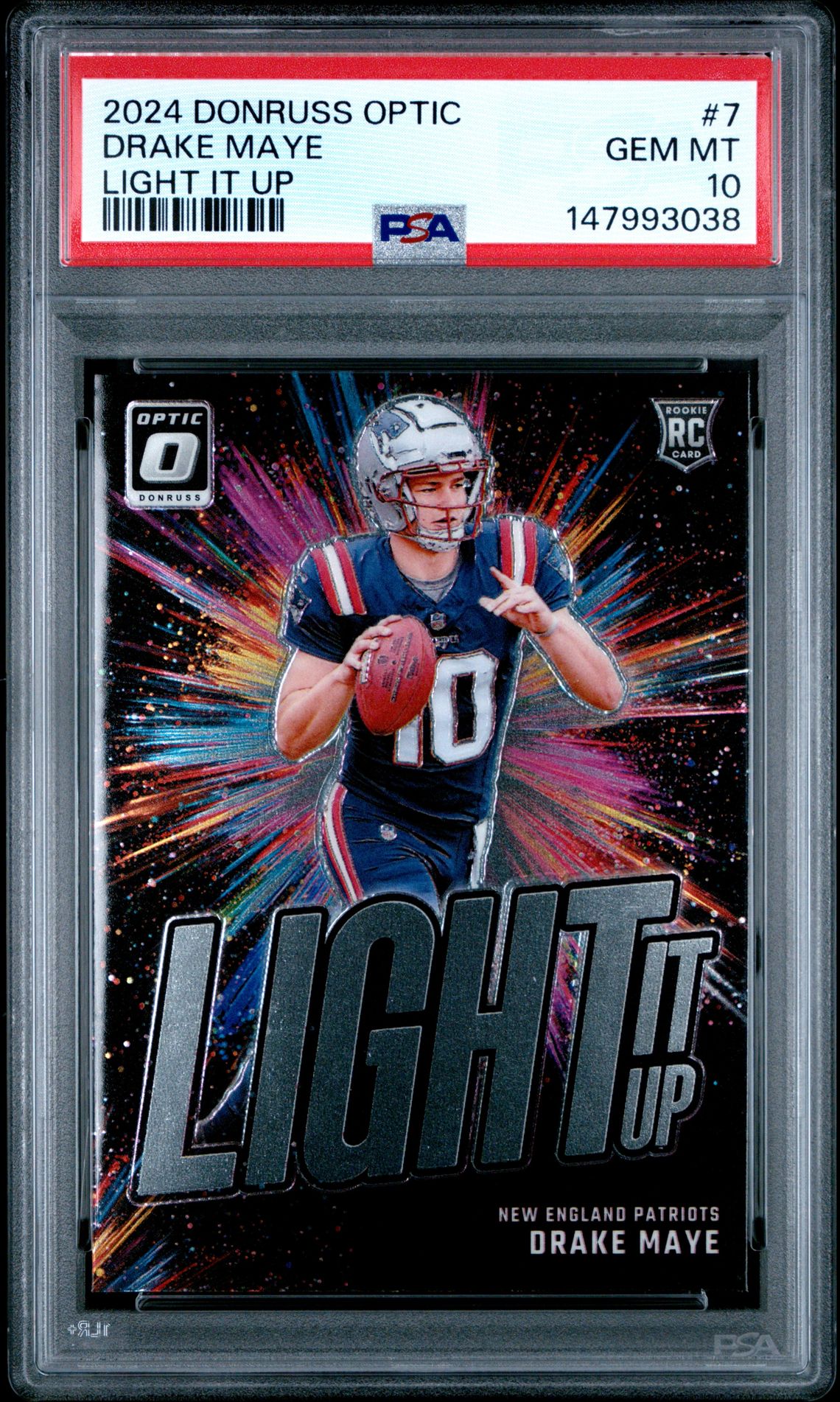 2024 Panini Donruss Optic Light It Up Drake Maye #7 Gem Mt 10 front view - PSA graded GEM MT 10