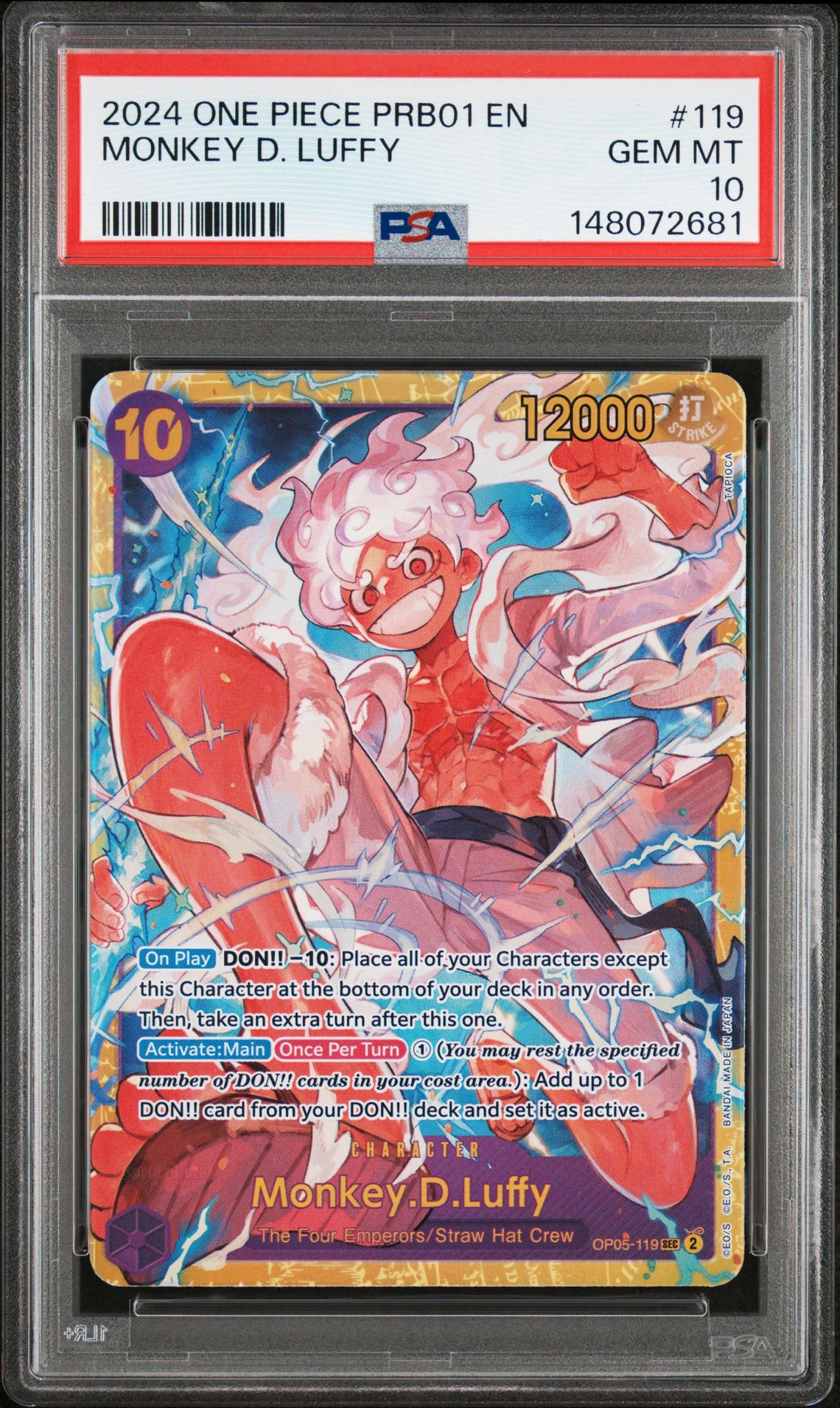 2024 One Piece Prb01-Premium Booster -One Piece Card The Best- Monkey D. Luffy #119 Gem Mt 10 front view - PSA graded GEM MT 10