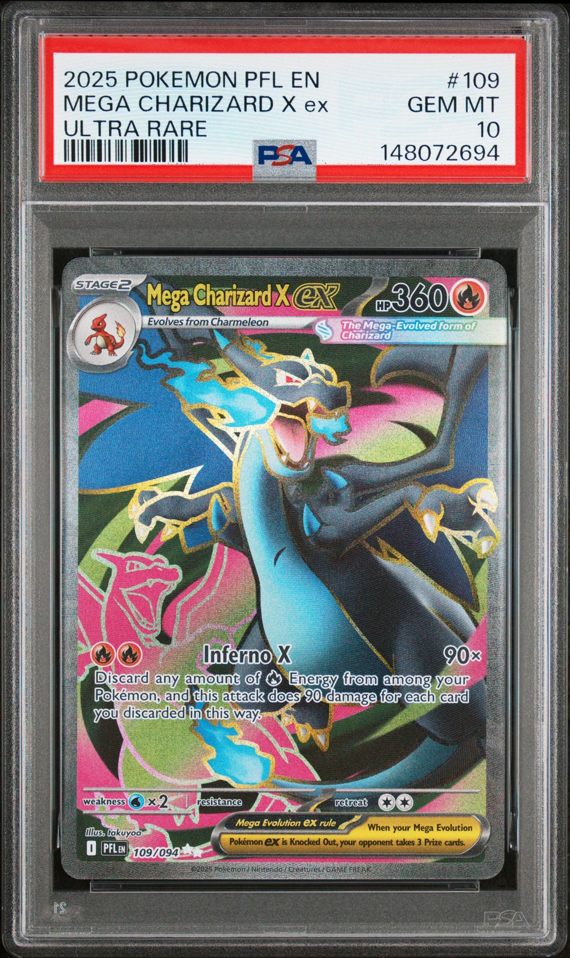 2025 Pokemon Pfl En-Phantasmal Flames Mega Charizard X Ex #109 (Ultra Rare) Gem Mt 10 front