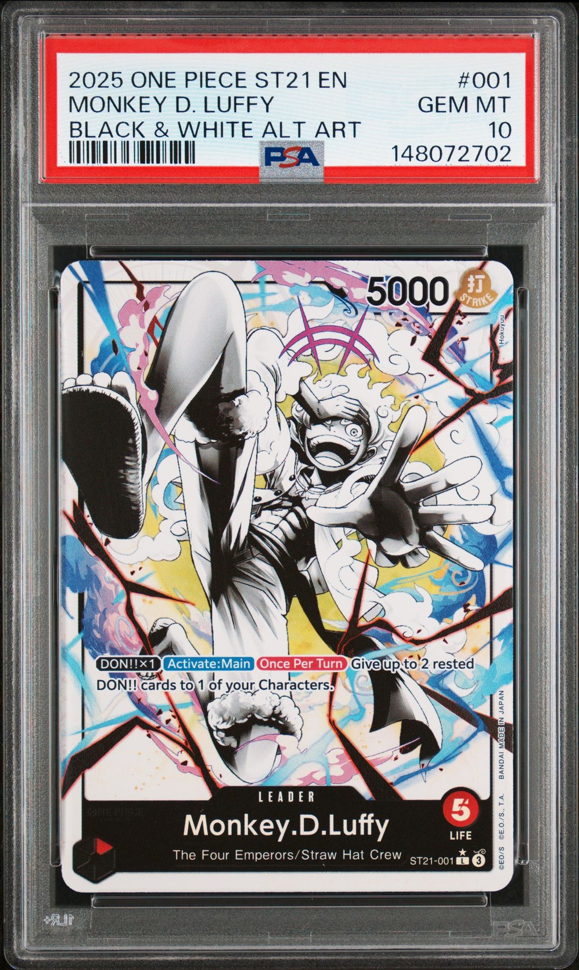2025 One Piece Starter Deck St21-Ex Gear 5 Monkey D. Luffy #001 (Black & White Alt Art) Gem Mt 10 front view - PSA graded GEM MT 10
