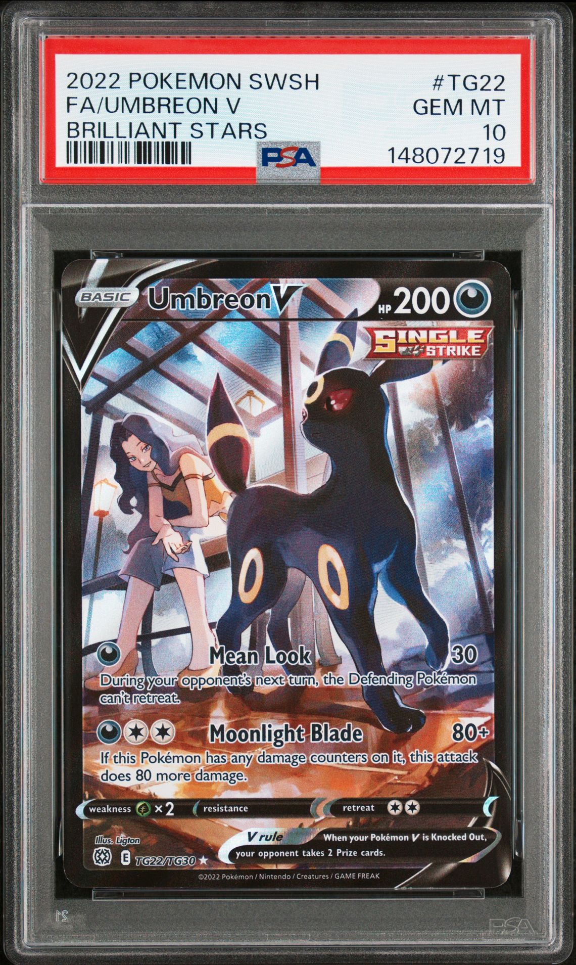 2022 Pokemon Sword & Shield Brilliant Stars Fa/Umbreon V #Tg22 (Brilliant Stars) Gem Mt 10 front view - PSA graded GEM MT 10