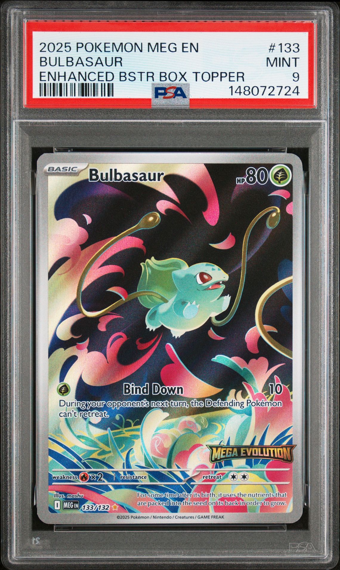 2025 Pokemon Meg En-Mega Evolution Bulbasaur #133 (Enhanced Bstr Box Topper) Mint 9 front