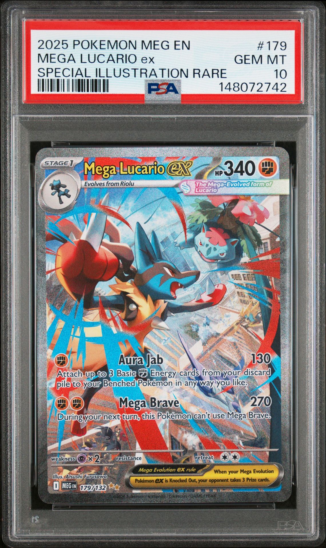 2025 Pokemon Meg En-Mega Evolution Mega Lucario Ex #179 (Special Illustration Rare) Gem Mt 10 front view - PSA graded GEM MT 10