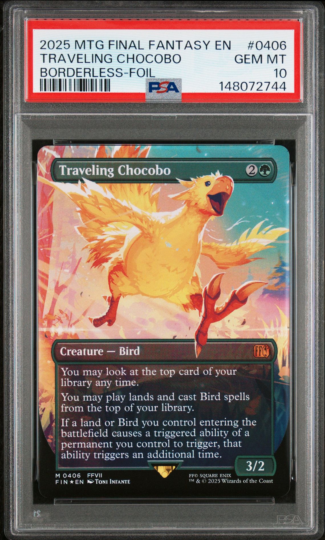 2025 Magic The Gathering Final Fantasy Traveling Chocobo #0406 (Borderless-Foil) Gem Mt 10 front view - PSA graded GEM MT 10