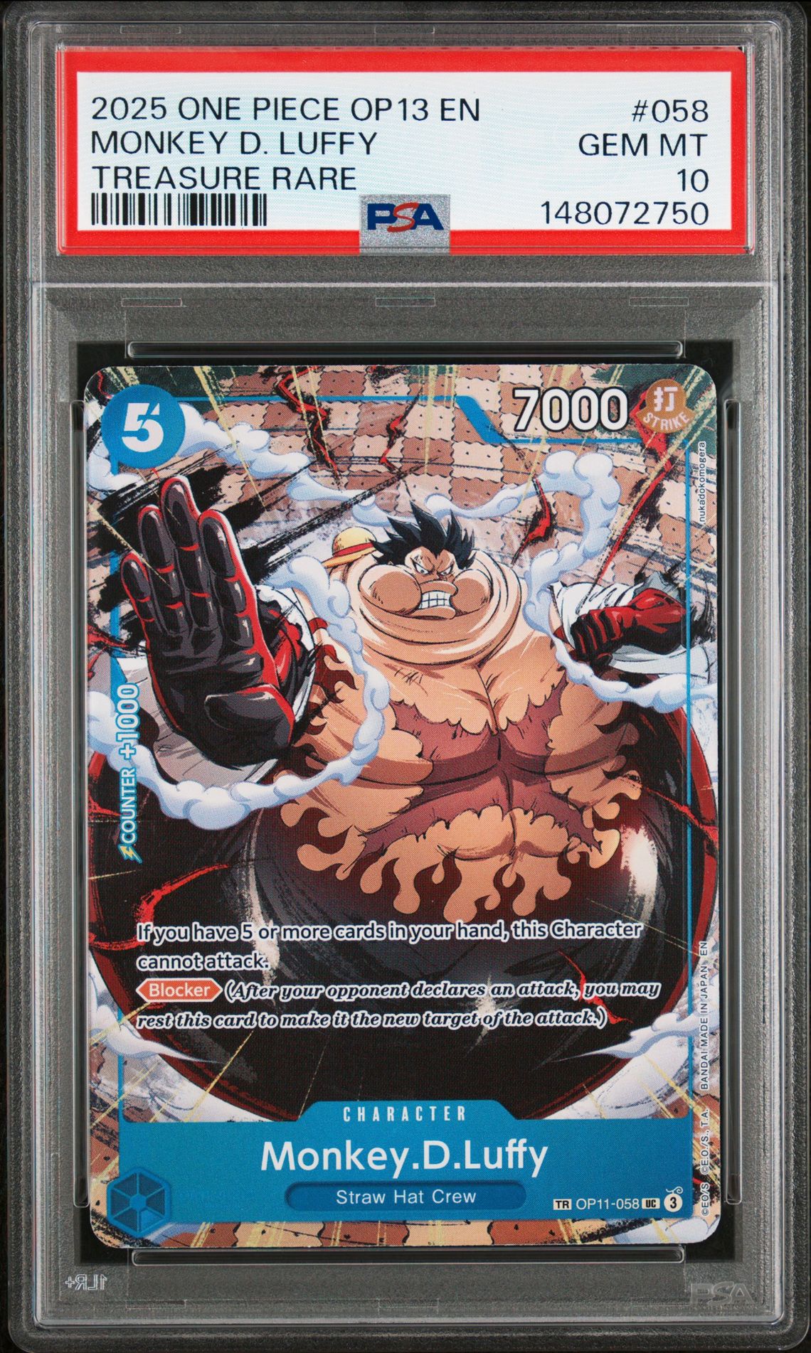 2025 One Piece Op13-Carrying On His Will Monkey D. Luffy #058 (Treasure Rare) Gem Mt 10 front view - PSA graded GEM MT 10