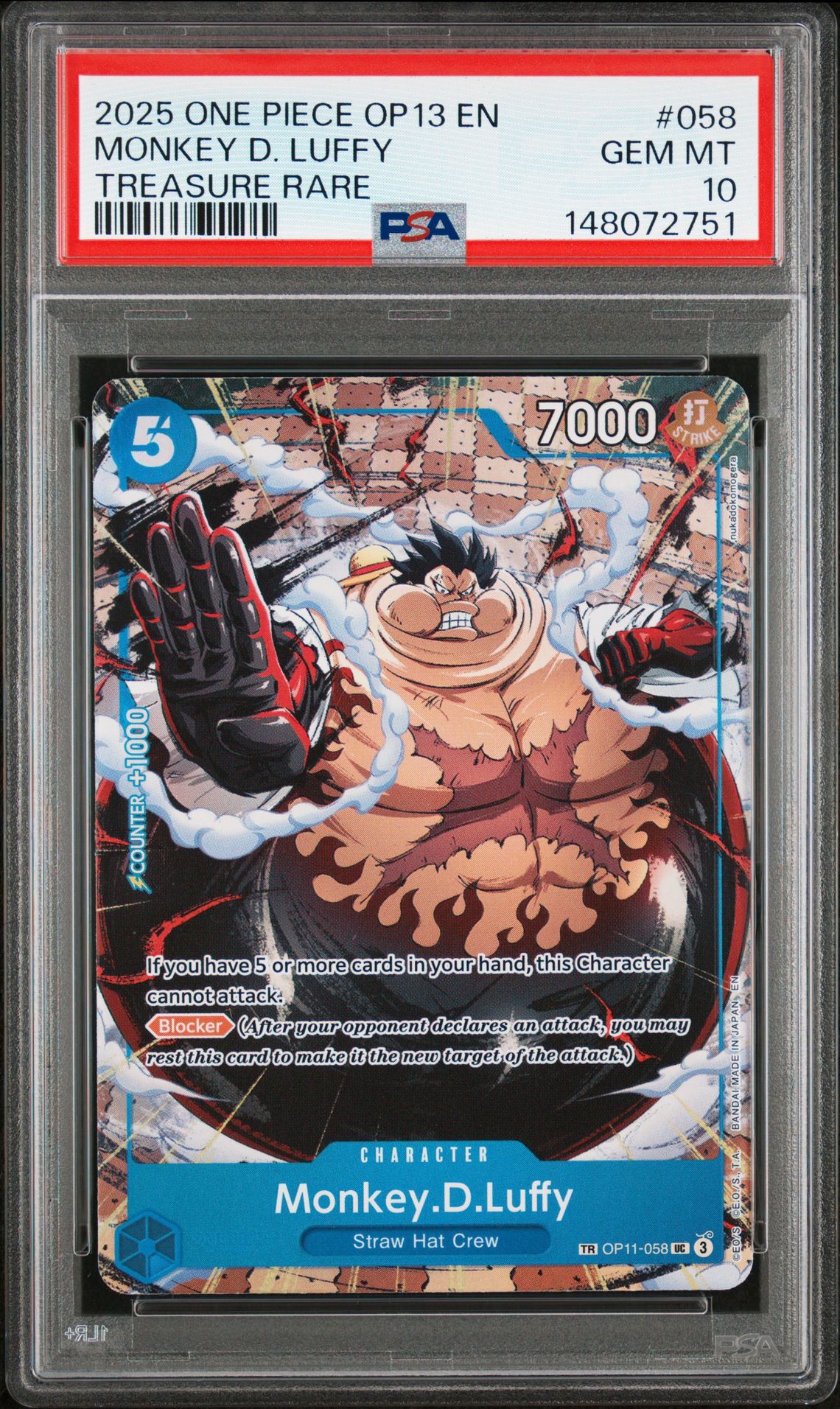 2025 One Piece Op13-Carrying On His Will Monkey D. Luffy #058 (Treasure Rare) Gem Mt 10 front view - PSA graded GEM MT 10
