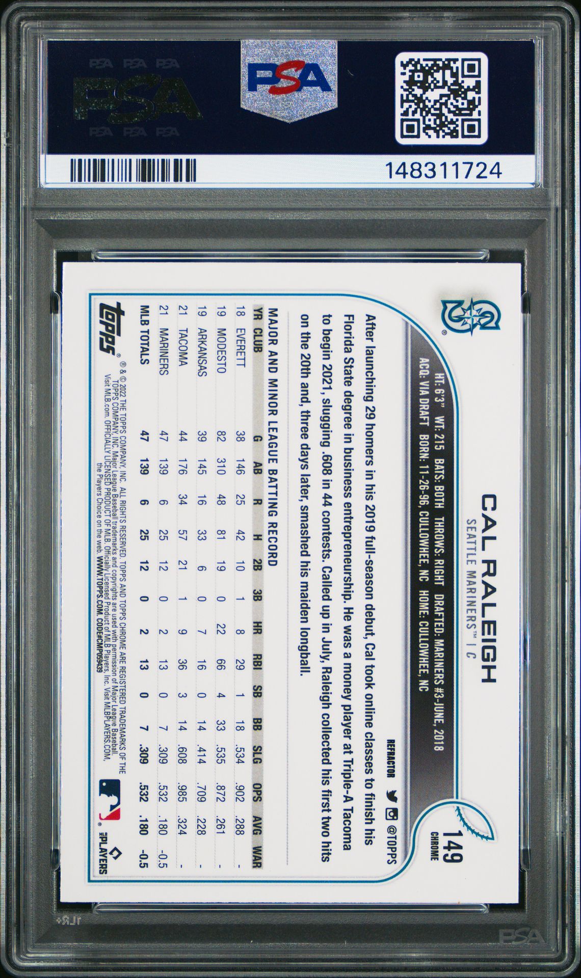 2022 Topps Chrome Sonic Cal Raleigh #149 (Refractor) Gem Mt 10 back