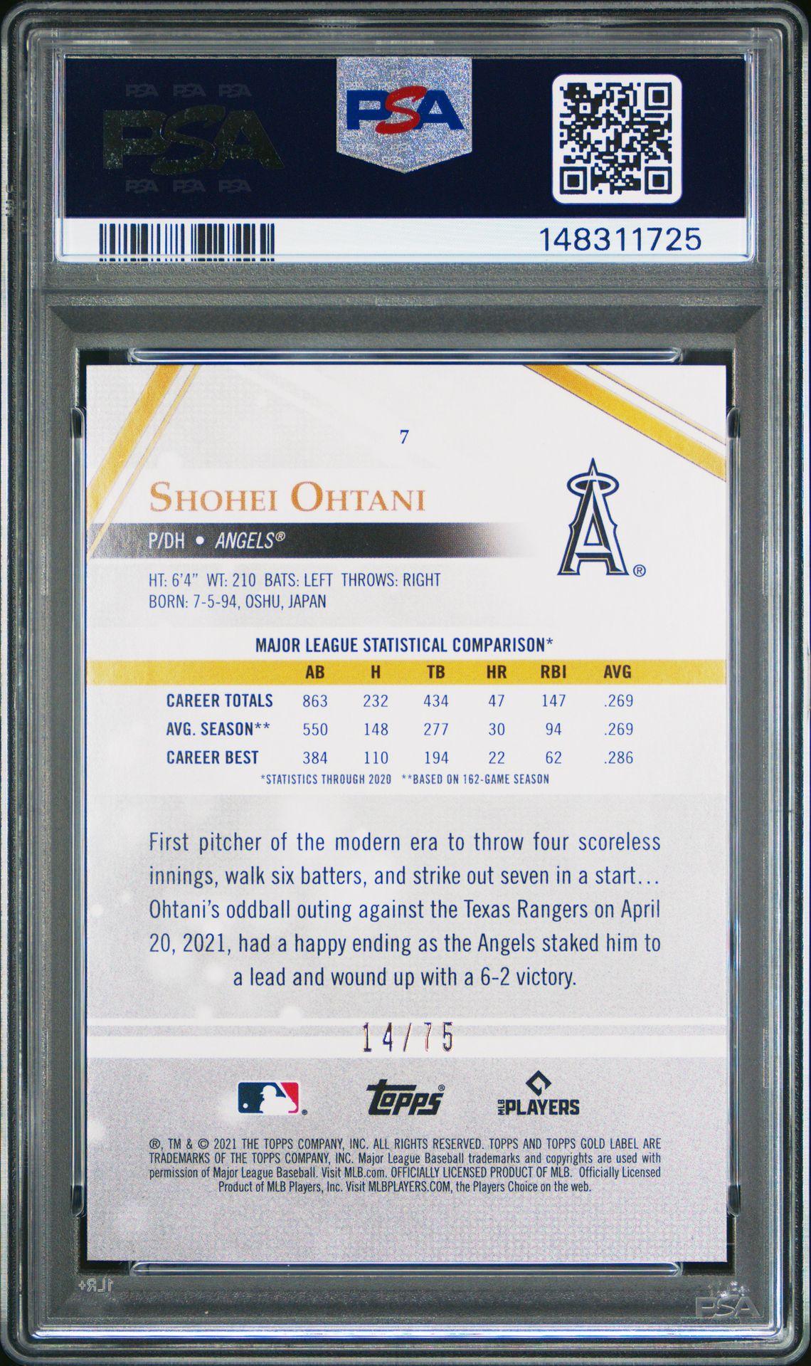 2021 Topps Gold Label Shohei Ohtani #7 (Class 2-Purple) Mint 9 back