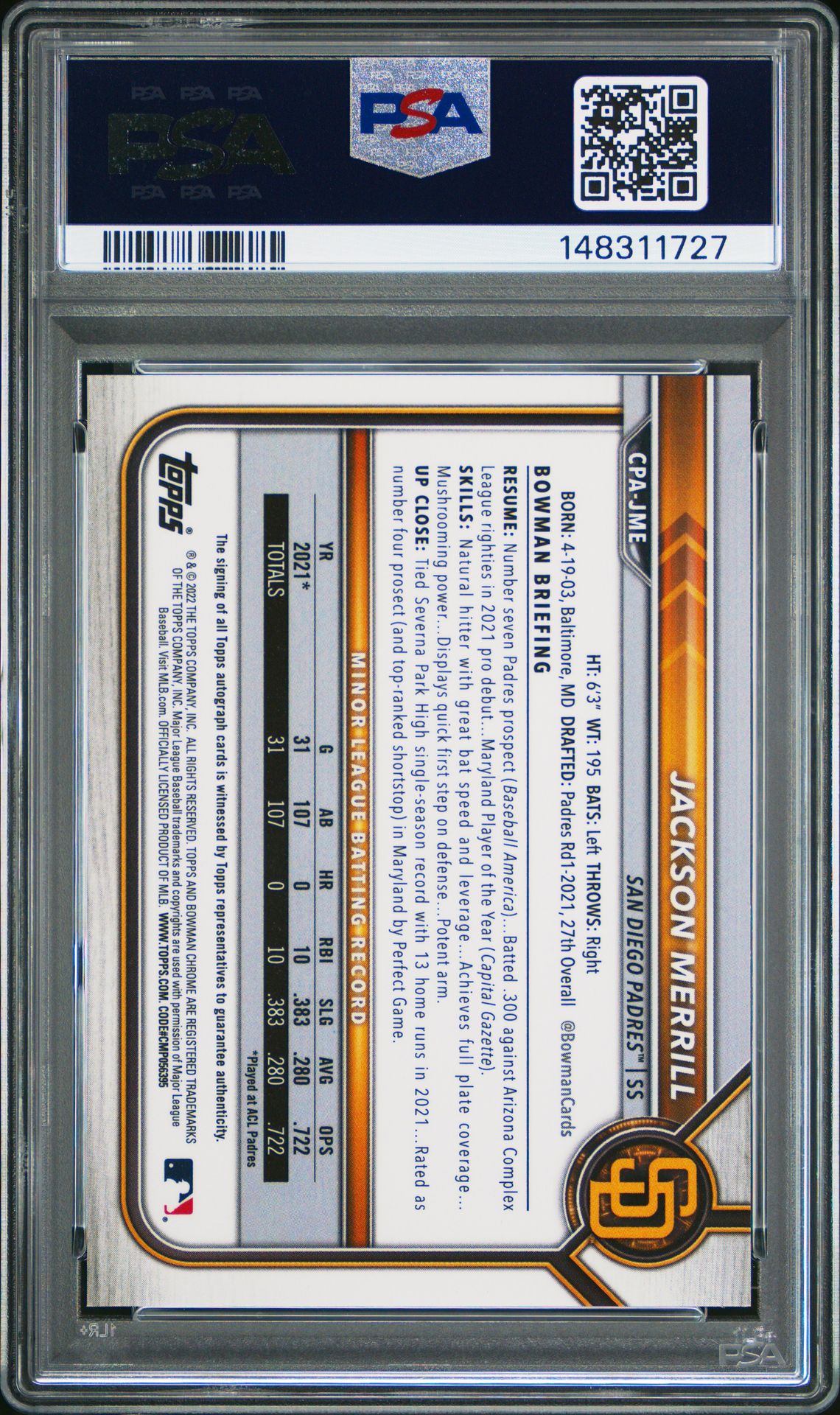 2022 Bowman Chrome Prospect Autographs Jackson Merrill #Cpajme (Prospect Autograph) Mint 9 back