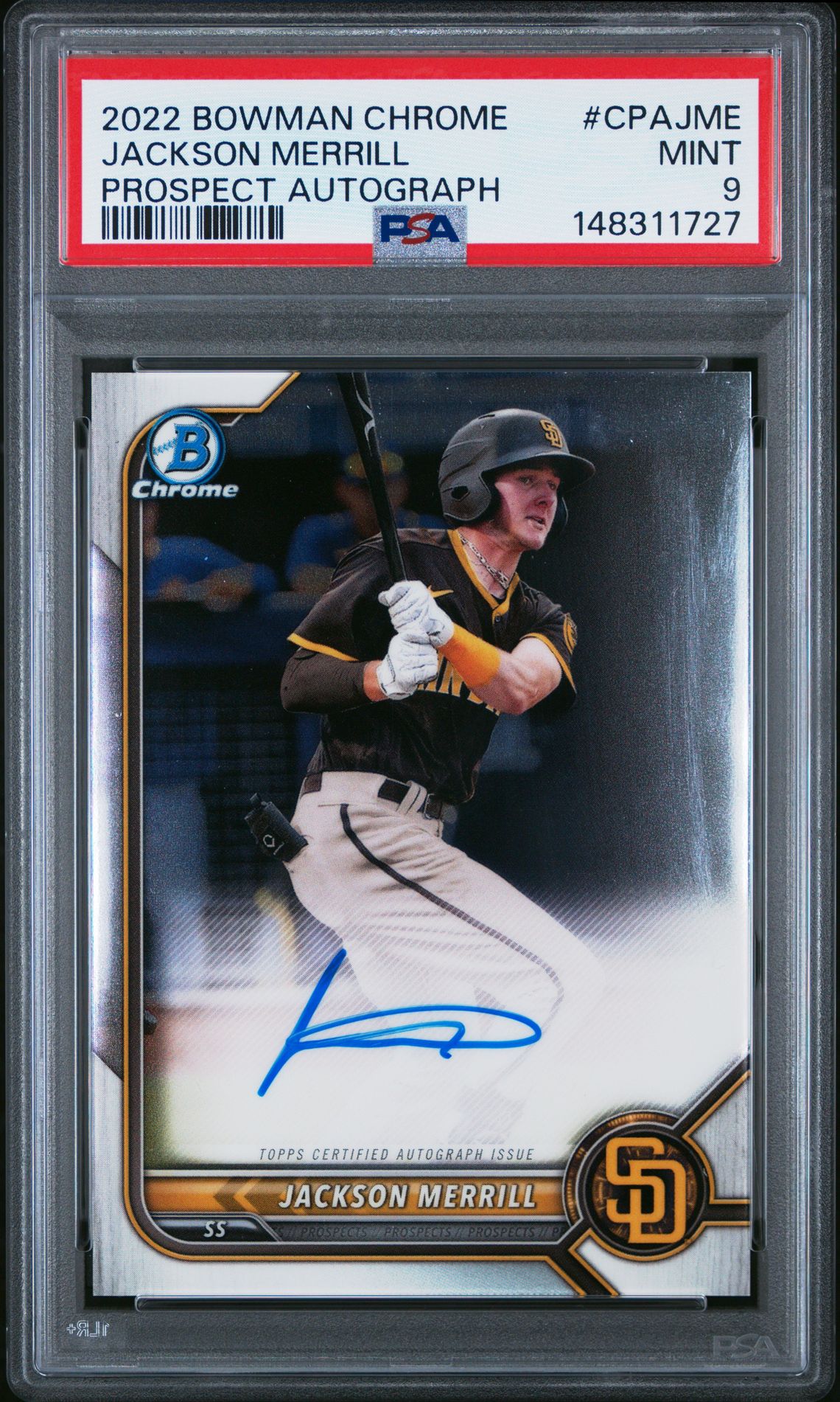 2022 Bowman Chrome Prospect Autographs Jackson Merrill #Cpajme (Prospect Autograph) Mint 9 front