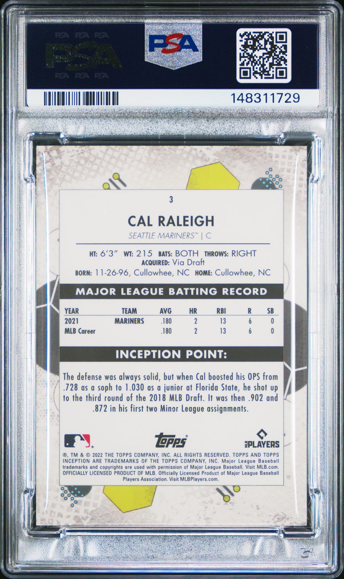 2022 Topps Inception Cal Raleigh #3 Gem Mt 10 back