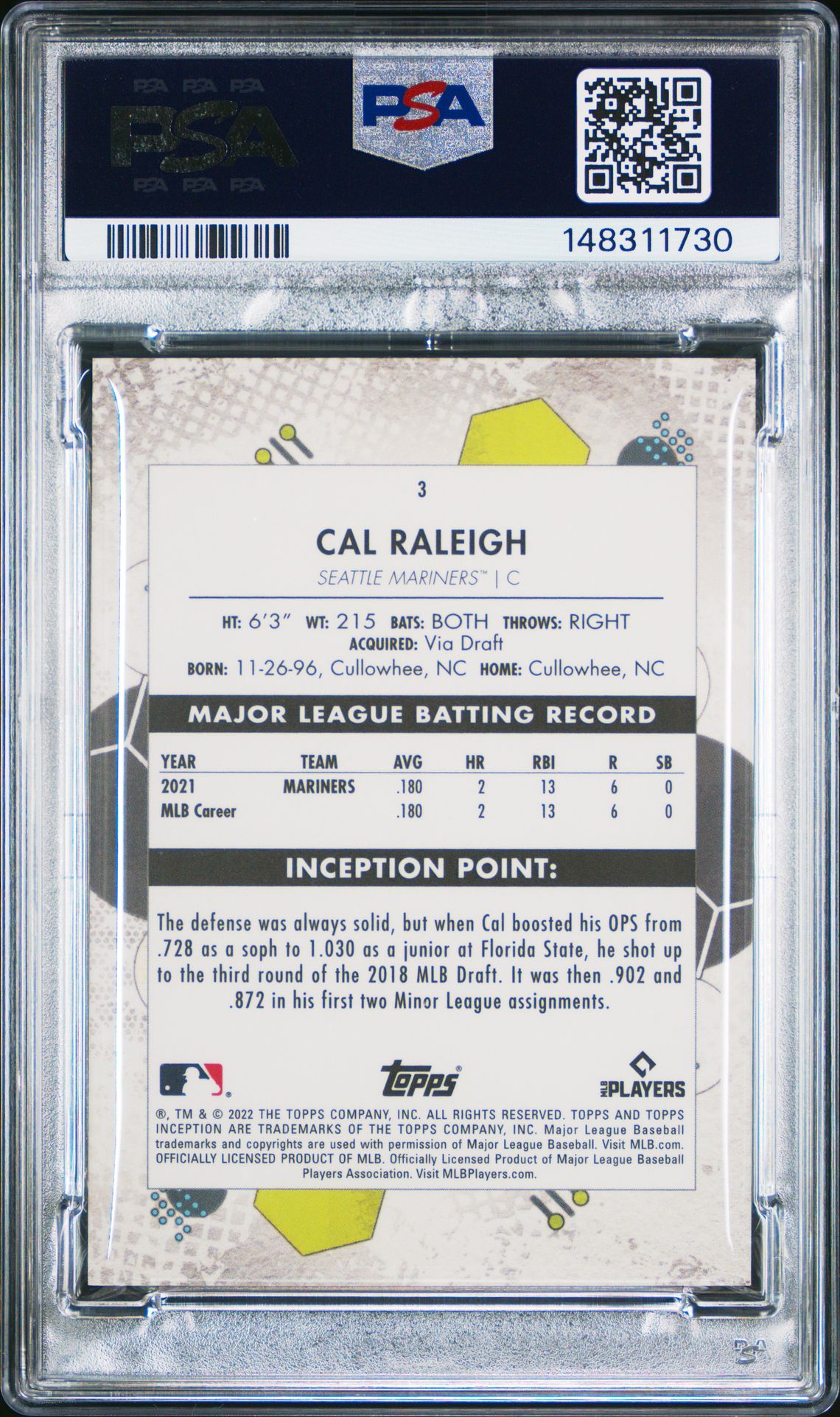2022 Topps Inception Cal Raleigh #3 (Green) Mint 9 back