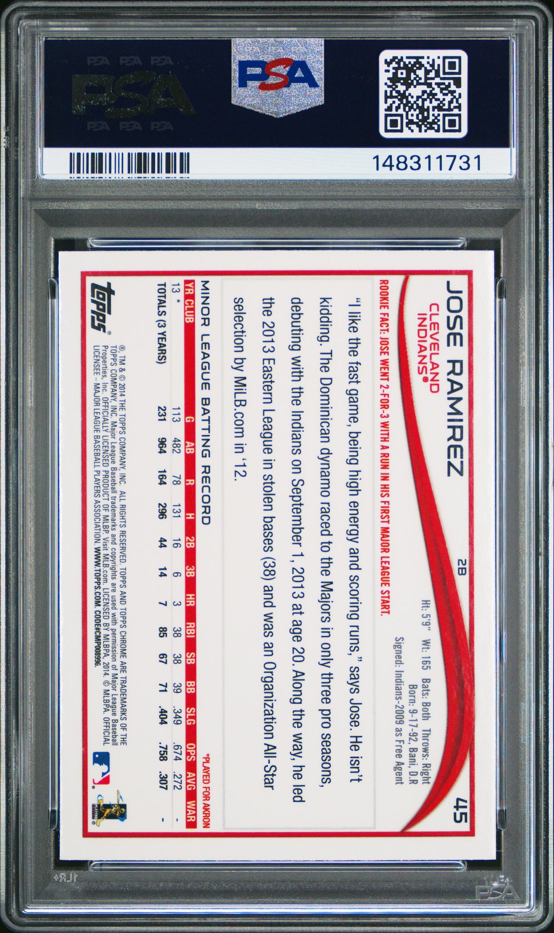 2014 Topps Chrome Jose Ramirez #45 Mint 9 back