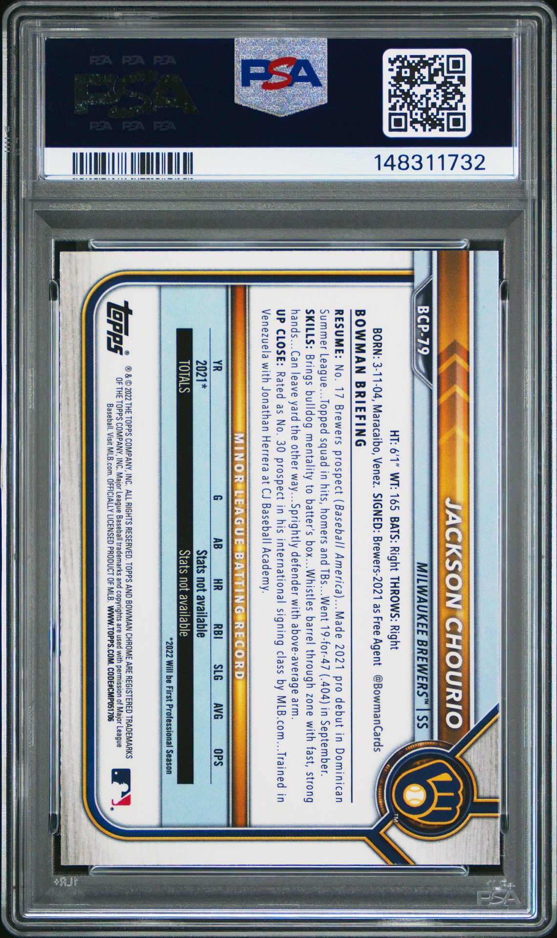 2022 Bowman Chrome Prospects Jackson Chourio #Bcp79 (Chrome Prospects) Gem Mt 10 back