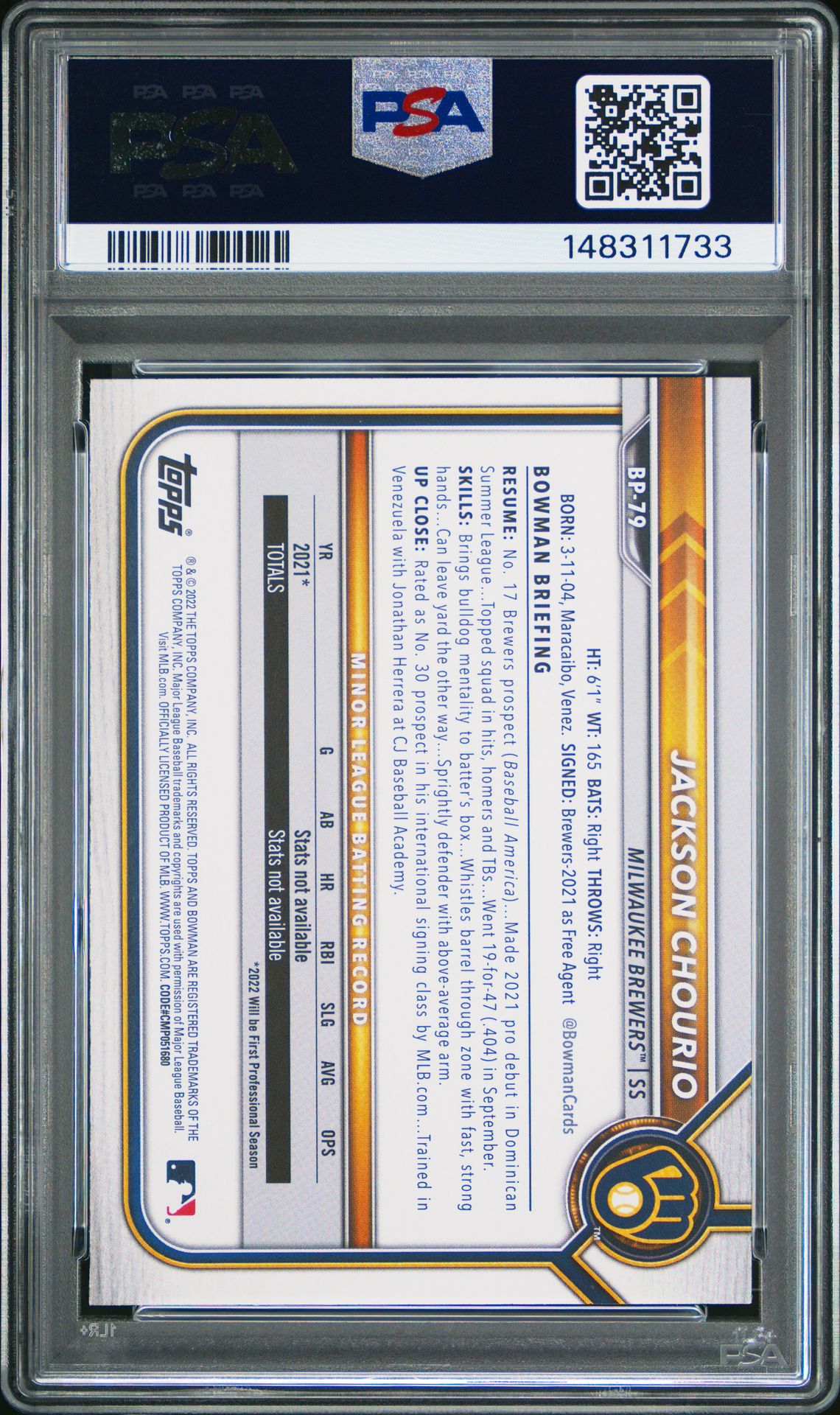 2022 Bowman Paper Prospects Jackson Chourio #Bp79 (Paper Prospects) Mint 9 back