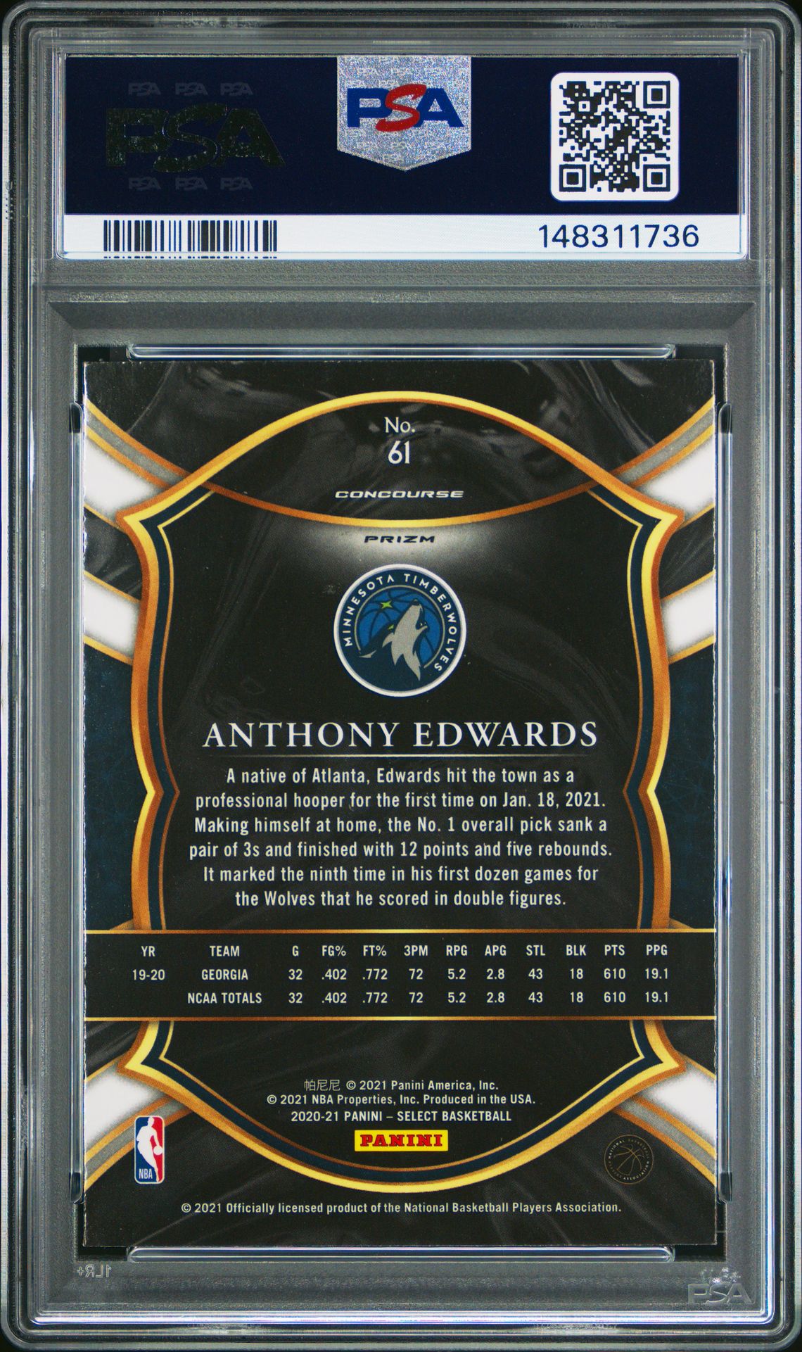 2020 Panini Select Anthony Edwards #61 (Blu/Wht/Prpl.crkd.ice) Nm-Mt 8 back