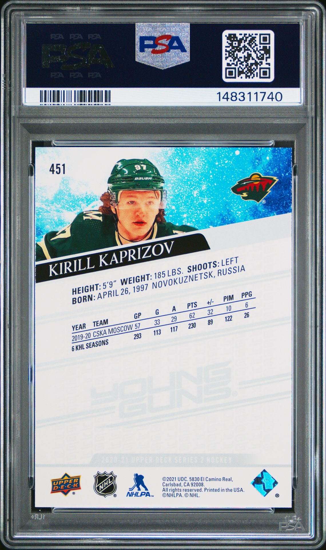 2020 Upper Deck Kirill Kaprizov #451 Mint 9 back