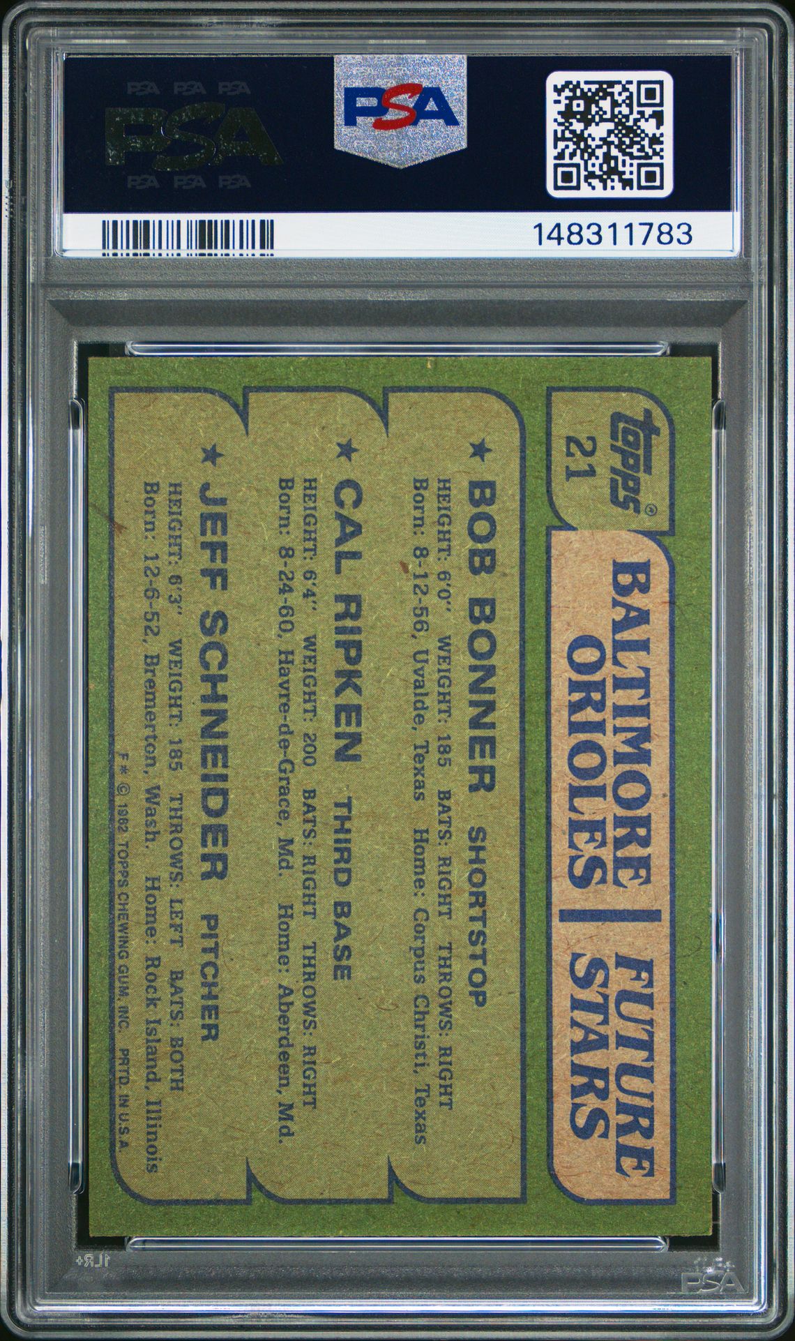 1982 Topps Orioles Future Stars #21 (Bonner/Ripken/Schneider) Ex-Mt 6 back