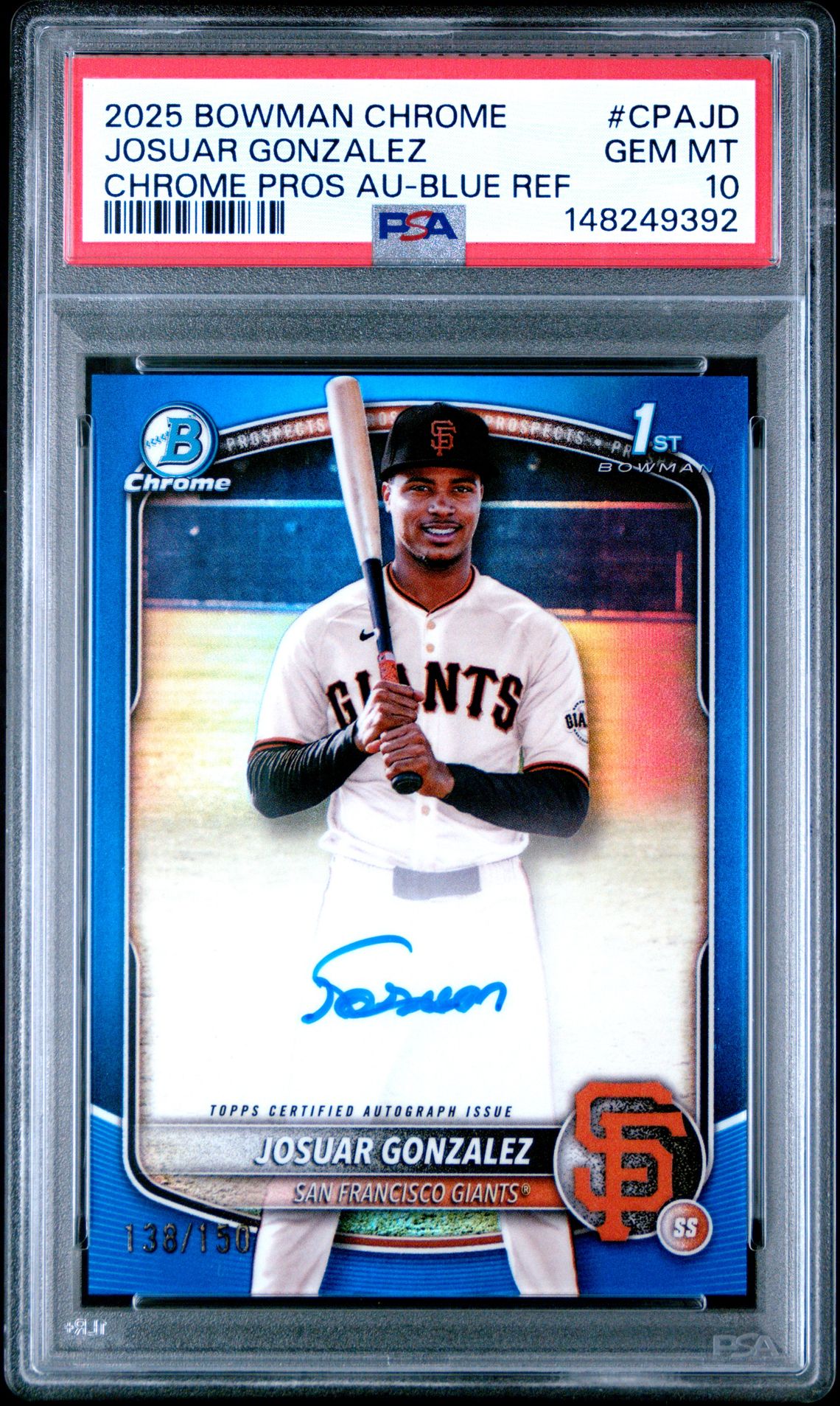 2025 Bowman BOWMAN CHROME PROSPECT AUTOGRAPHS Blue Refractor #CPAJD Josuar Gonzalez front