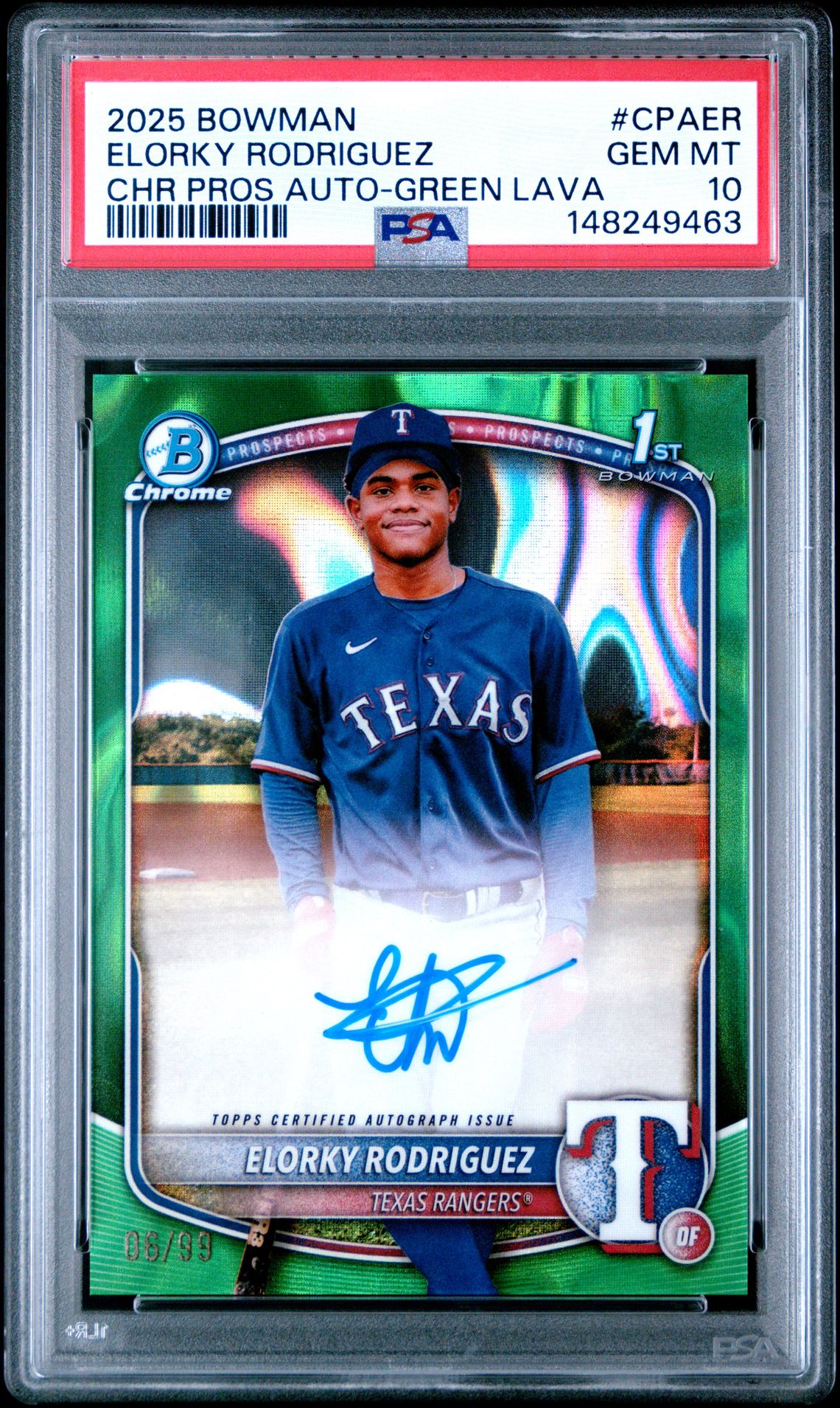2025 Bowman BOWMAN CHROME PROSPECT AUTOGRAPHS CHR PROS AUTO-GREEN LAVA #CPAER Elorky Rodriguez front