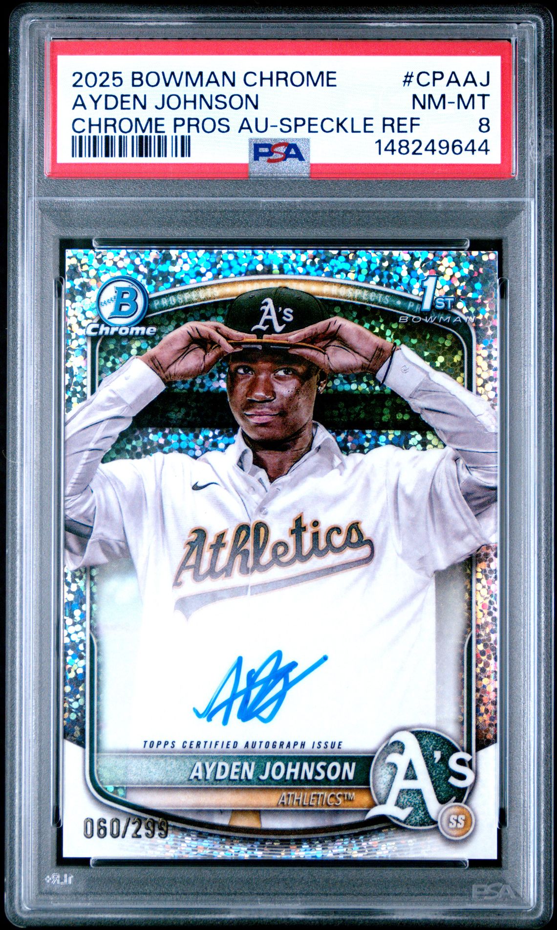 2025 Bowman Chrome BOWMAN CHROME PROSPECT AUTOGRAPHS CHROME PROS AU-SPECKLE REF #CPAAJ Ayden Johnson front