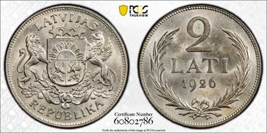 1926 2 Lat KM-8  Ag MS64