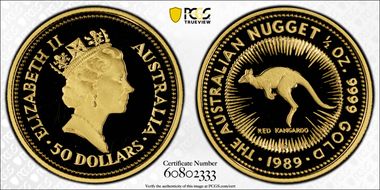 1989-P $50 Red Kangaroo-Nugget 1/2oz Au PR70DCAM
