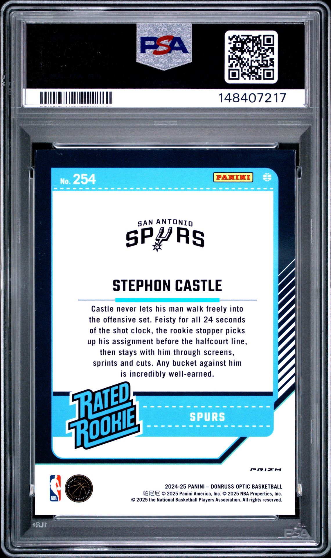 2024 Panini Donruss Optic Stephon Castle #254 (Holo) Gem Mt 10 back view - PSA certificate #148407217