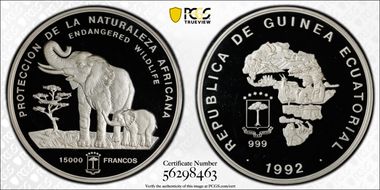1992 15K Fr Endangered Wildlife Elephant 1kg Ag PR67DCAM