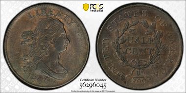 1806 1/2C C-1, Small 6, No Stems AU50BN