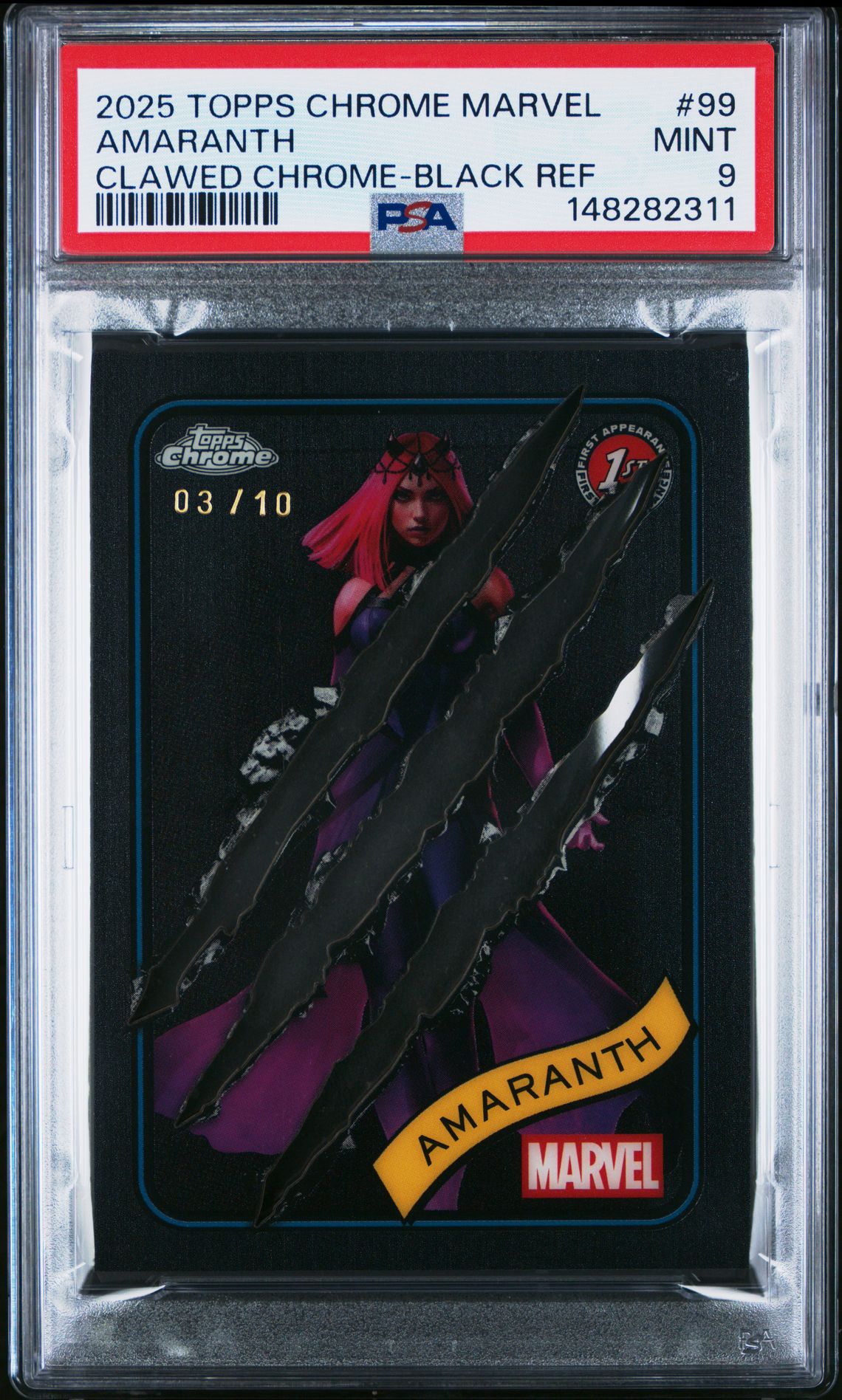 2025 Topps TOPPS CHROME MARVEL CLAWED CHROME-BLACK REF #99 Amaranth front