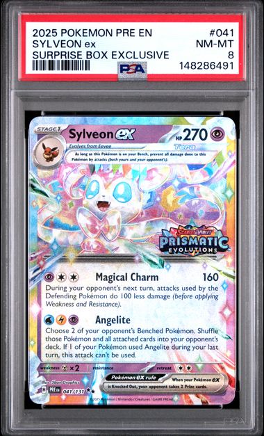 2025 POKEMON PRE EN-PRISMATIC EVOLUTIONS #041 SYLVEON ex SURPRISE BOX EXCLUSIVE (PSA 8) (PSA 8) – 148286491