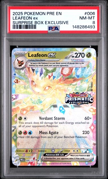 2025 POKEMON PRE EN-PRISMATIC EVOLUTIONS #006 LEAFEON ex SURPRISE BOX EXCLUSIVE (PSA 8) (PSA 8) – 148286493