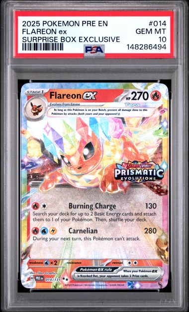 2025 POKEMON PRE EN-PRISMATIC EVOLUTIONS #014 FLAREON ex SURPRISE BOX EXCLUSIVE (PSA 10) (PSA 10) – 148286494