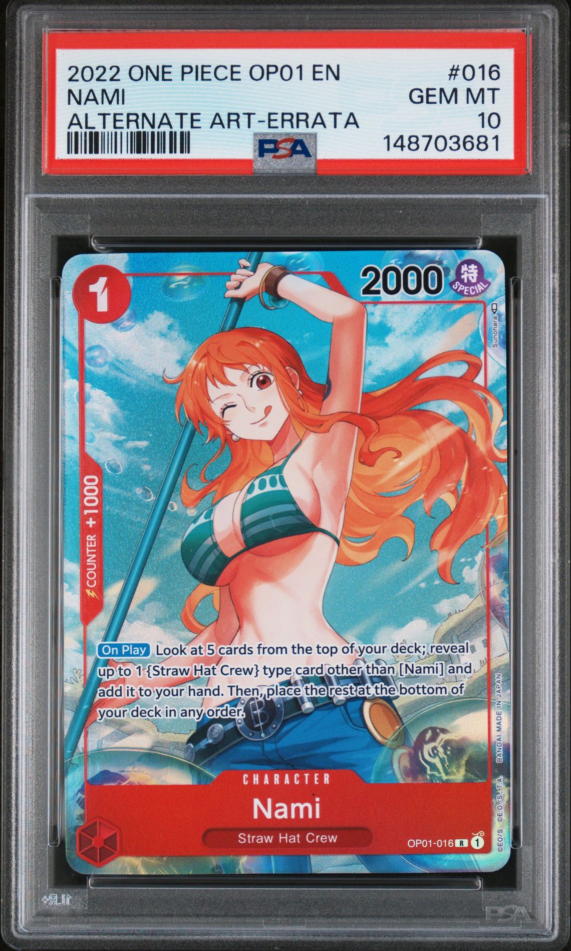 2022 One Piece Op01-Romance Dawn Nami #016 (Alternate Art-Errata) Gem Mt 10 front