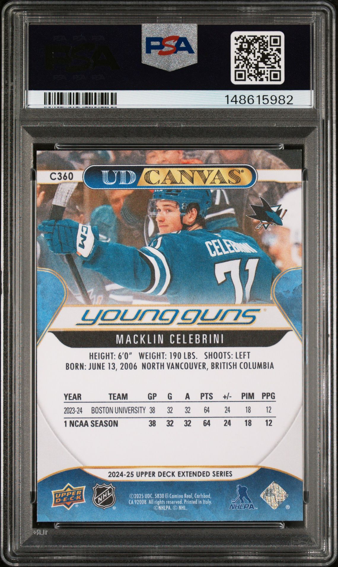 2024 Upper Deck Ud Canvas Macklin Celebrini #C360 Mint 9 back