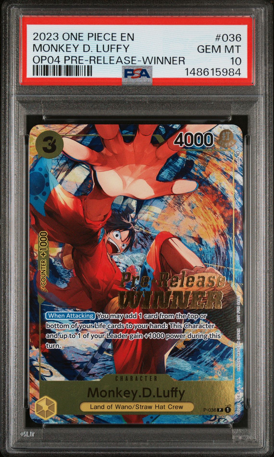 2023 One Piece Promos Monkey D. Luffy #036 (Op04 Pre-Release-Winner) Gem Mt 10 front
