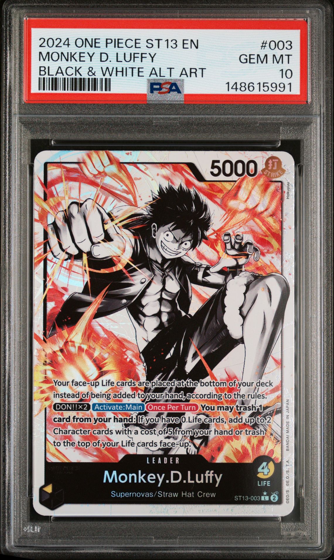 2024 One Piece Ultra Deck St13-The Three Brothers Monkey D. Luffy #003 (Black & White Alt Art) Gem Mt 10 front