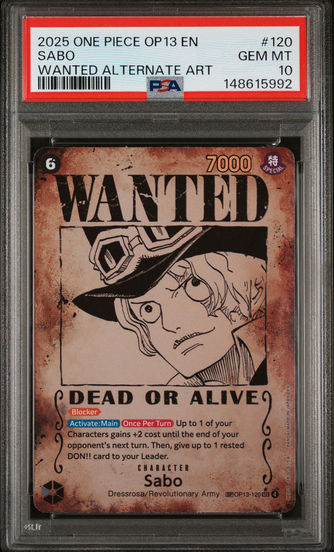 2025 One Piece Op13-Carrying On His Will Sabo #120 (Wanted Alternate Art) Gem Mt 10 front