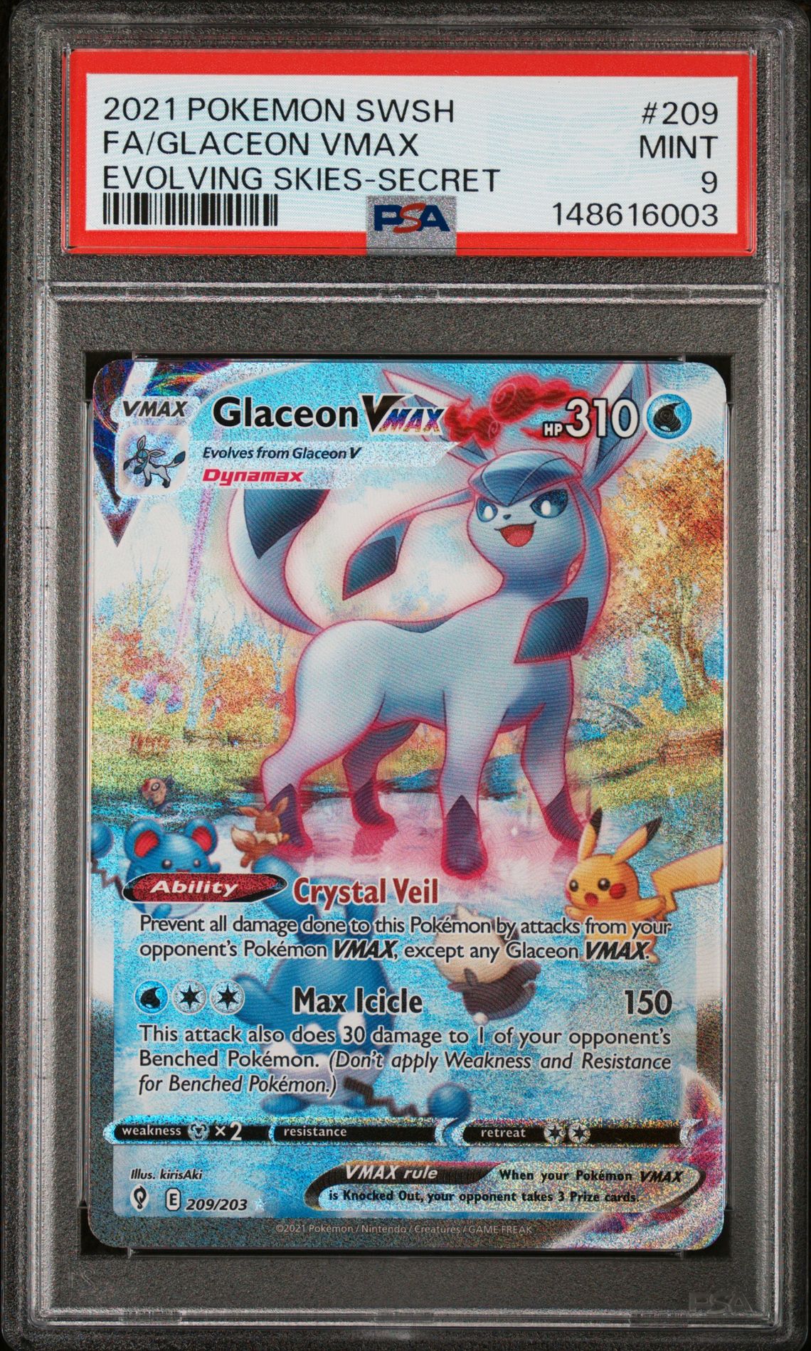 2021 Pokemon Sword & Shield Evolving Skies Fa/Glaceon Vmax #209 (Evolving Skies-Secret) Mint 9 front