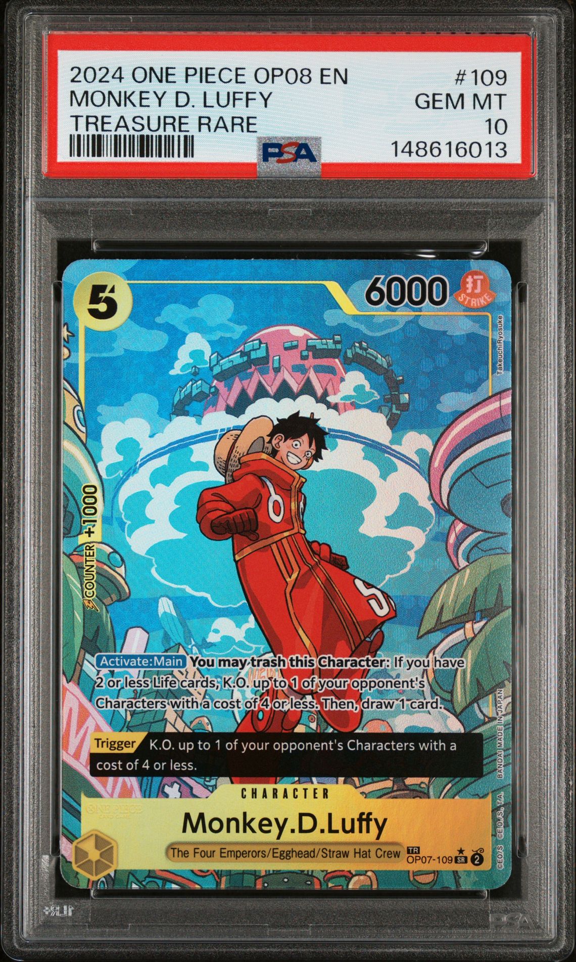 2024 One Piece Op08-Two Legends Monkey D. Luffy #109 (Treasure Rare) Gem Mt 10 front view - PSA graded GEM MT 10