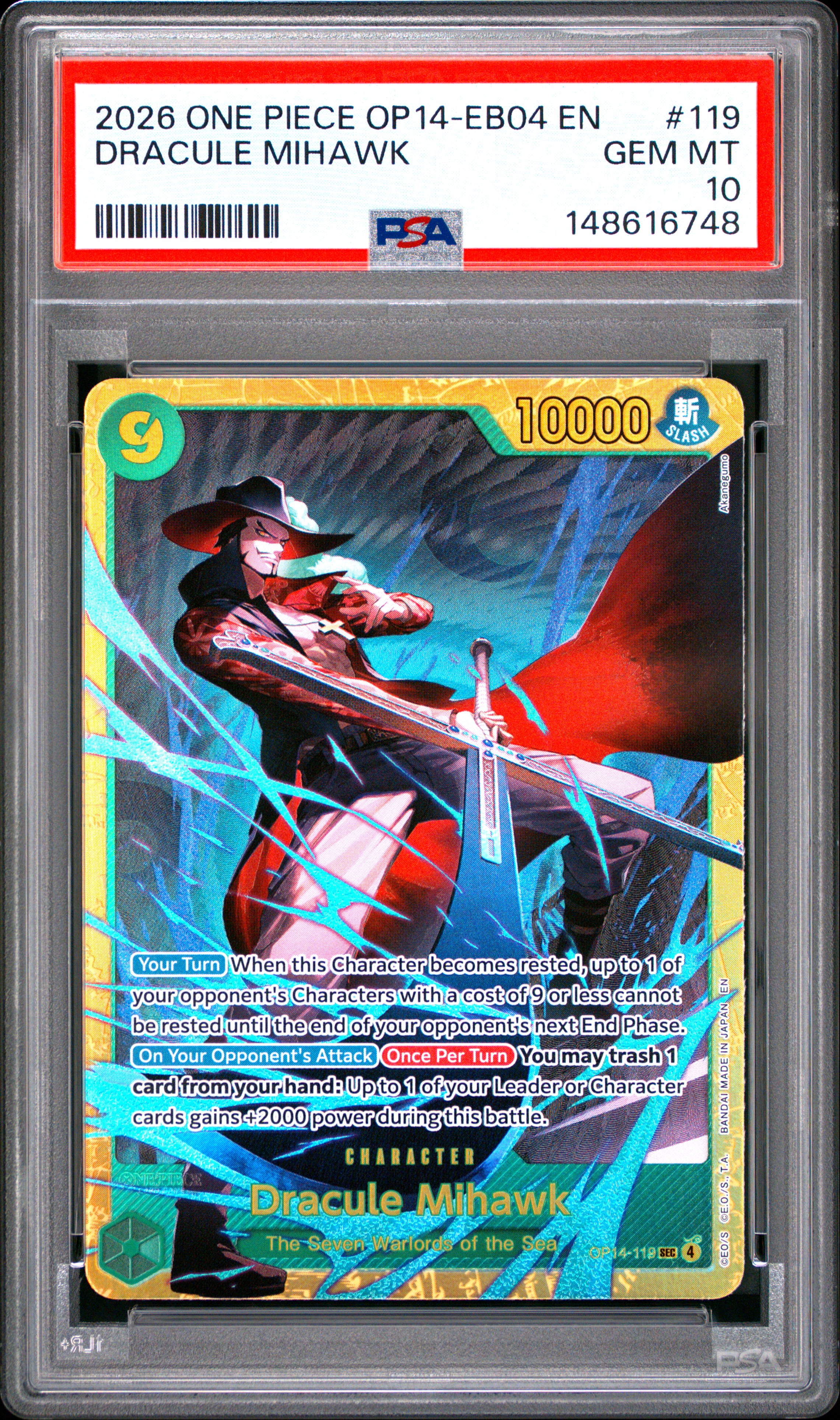 2026 #119 Dracule Mihawk PSA 10 One Piece OP14-EB04-the Azure Sea's Seven