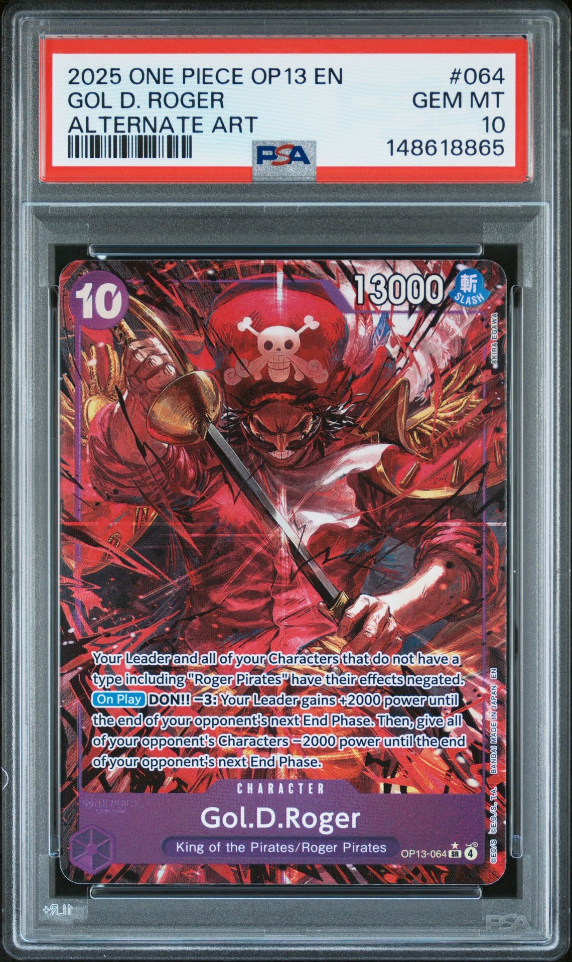 2025 One Piece Op13-Carrying On His Will Gol D. Roger #064 (Alternate Art) Gem Mt 10 front view - PSA graded GEM MT 10