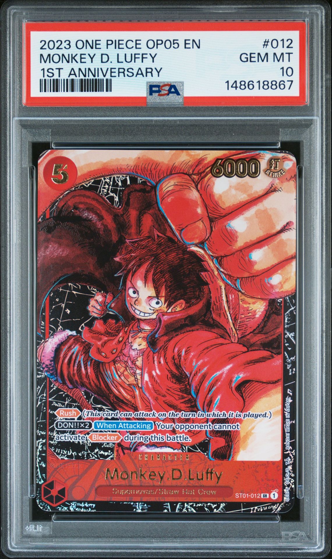 2023 One Piece Op05-Awakening Of The New Era Monkey D. Luffy #012 (1St Anniversary) Gem Mt 10 front view - PSA graded GEM MT 10