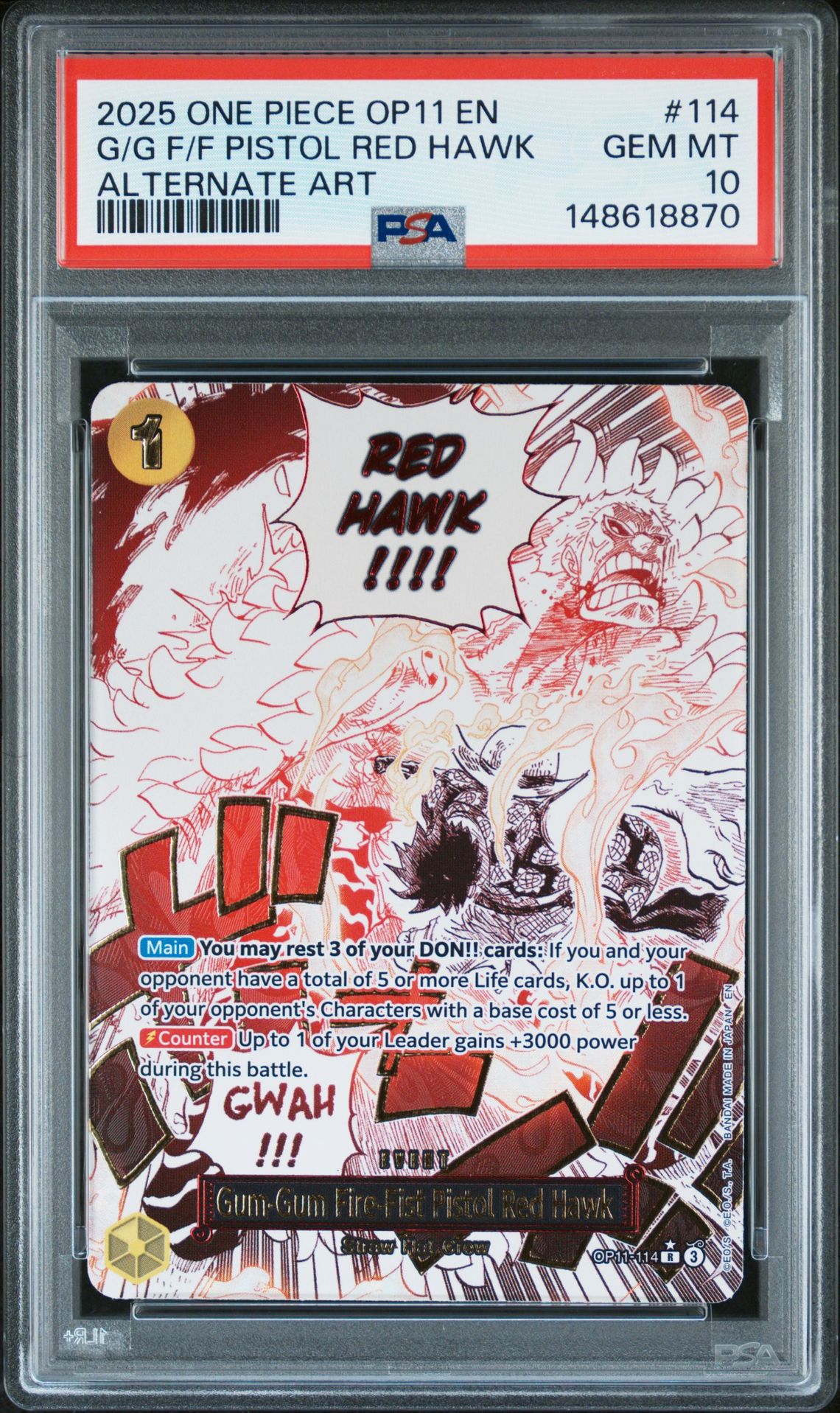 2025 One Piece Op11-A Fist Of Divine Speed G/G F/F Pistol Red Hawk #114 (Alternate Art) Gem Mt 10 front view - PSA graded GEM MT 10