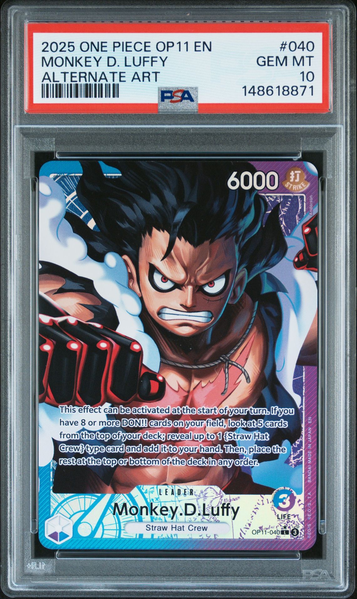 2025 One Piece Op11-A Fist Of Divine Speed Monkey D. Luffy #040 (Alternate Art) Gem Mt 10 front view - PSA graded GEM MT 10