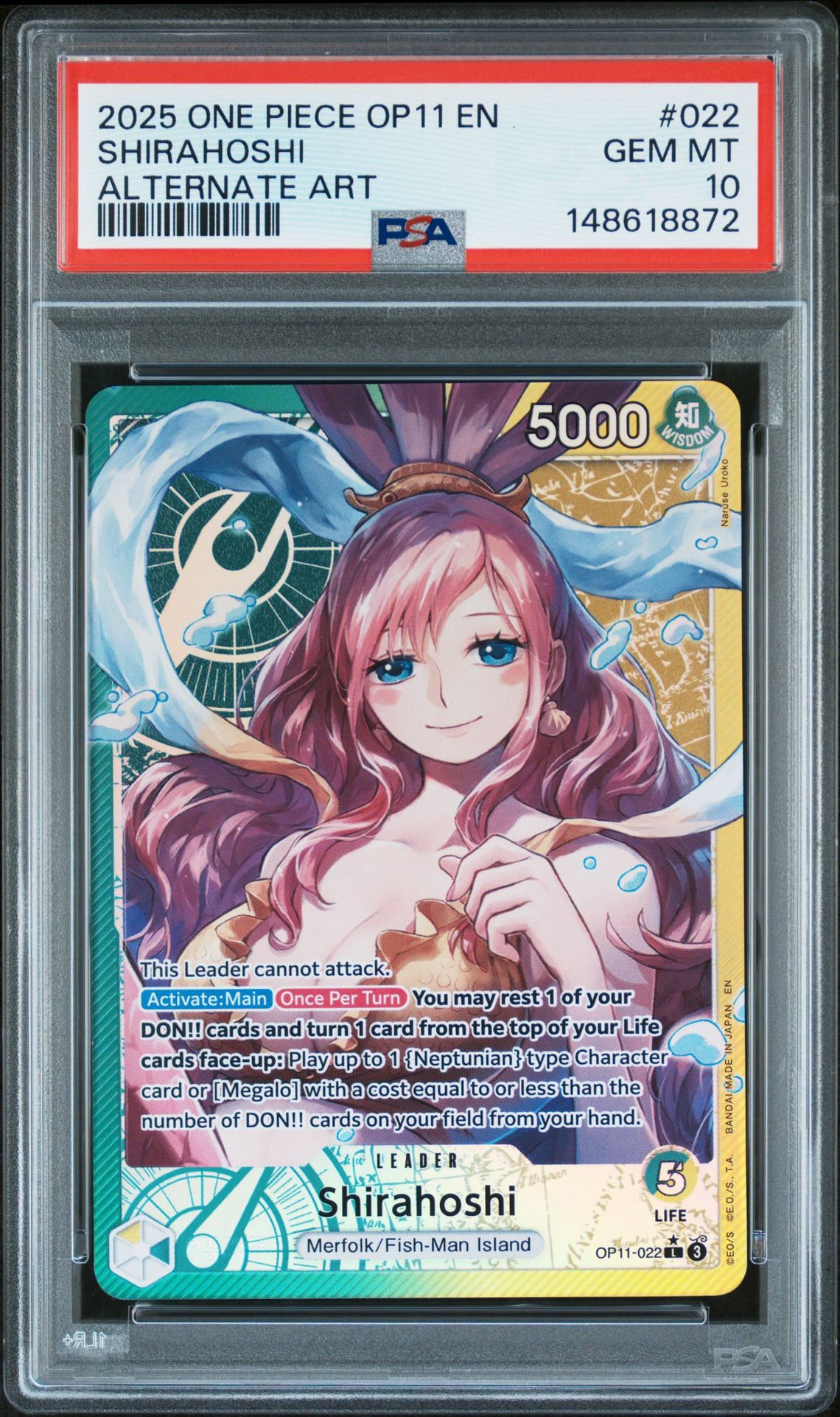2025 One Piece Op11-A Fist Of Divine Speed Shirahoshi #022 (Alternate Art) Gem Mt 10 front view - PSA graded GEM MT 10
