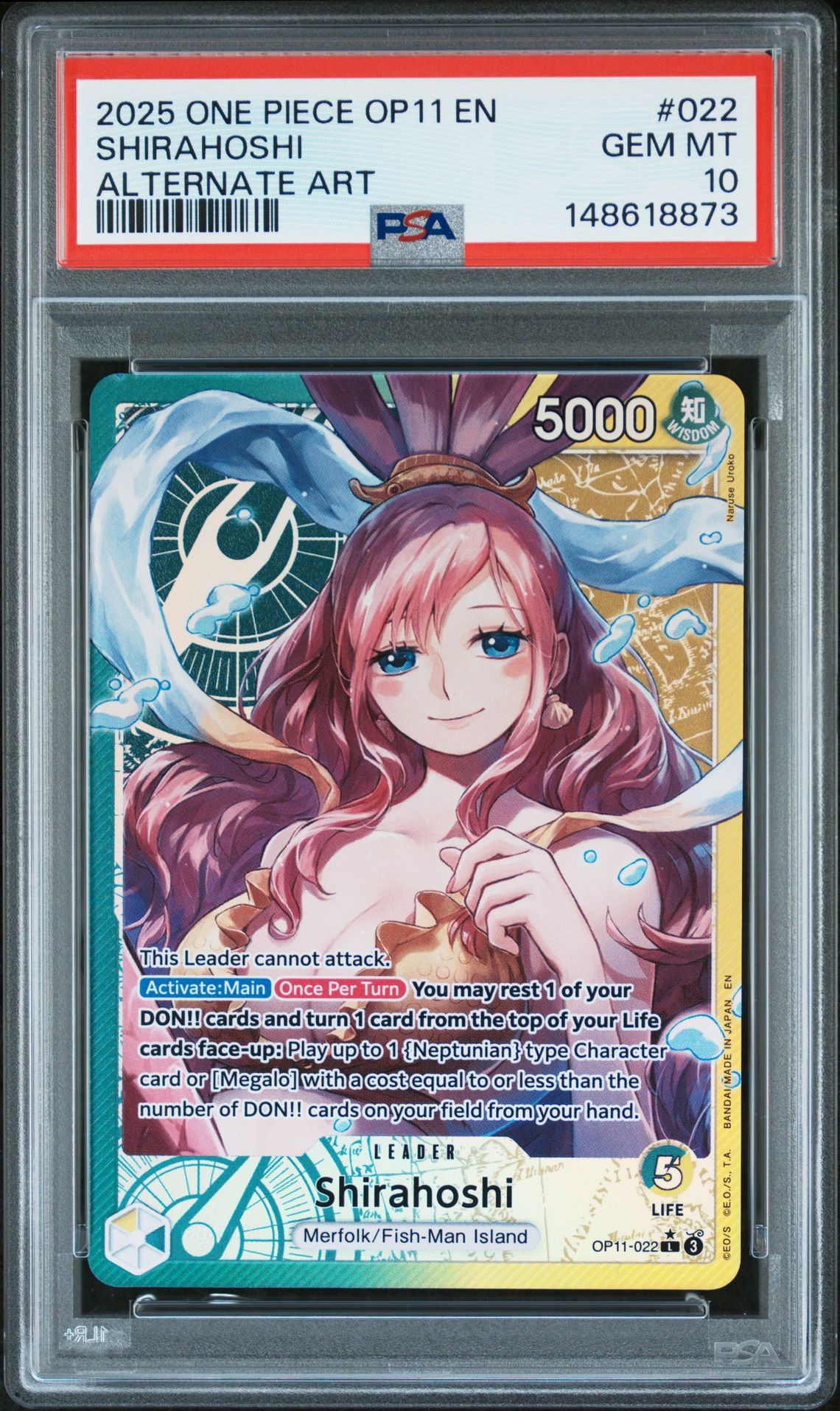 2025 One Piece Op11-A Fist Of Divine Speed Shirahoshi #022 (Alternate Art) Gem Mt 10 front view - PSA graded GEM MT 10