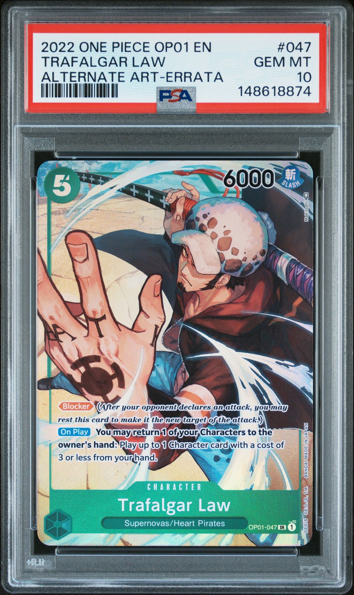 2022 One Piece Op01-Romance Dawn Trafalgar Law #047 (Alternate Art-Errata) Gem Mt 10 front view - PSA graded GEM MT 10