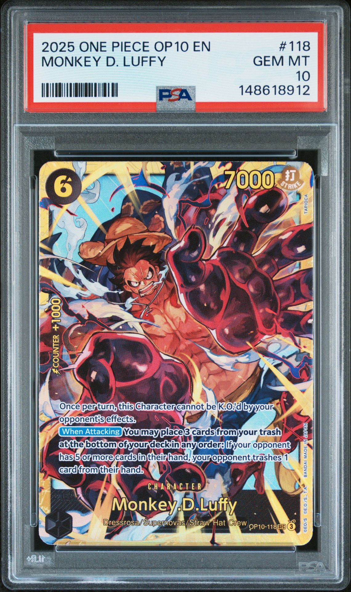 2025 One Piece Op10-Royal Blood Monkey D. Luffy #118 Gem Mt 10 front view - PSA graded GEM MT 10